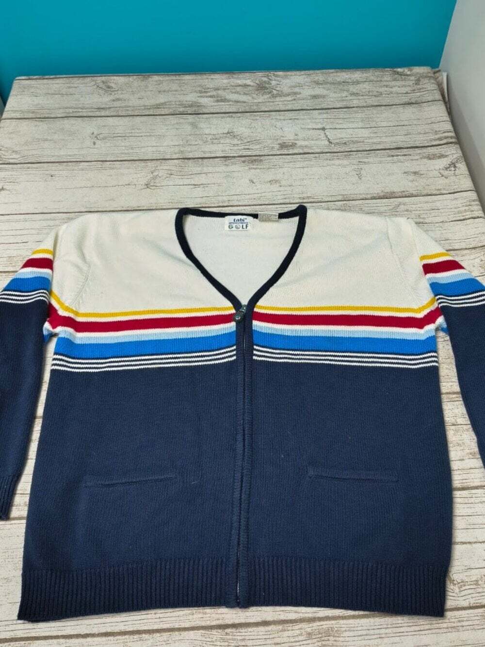 Vintage Tabi International Golf Rainbow Striped Full Zip Knit Cardigan Sweater L